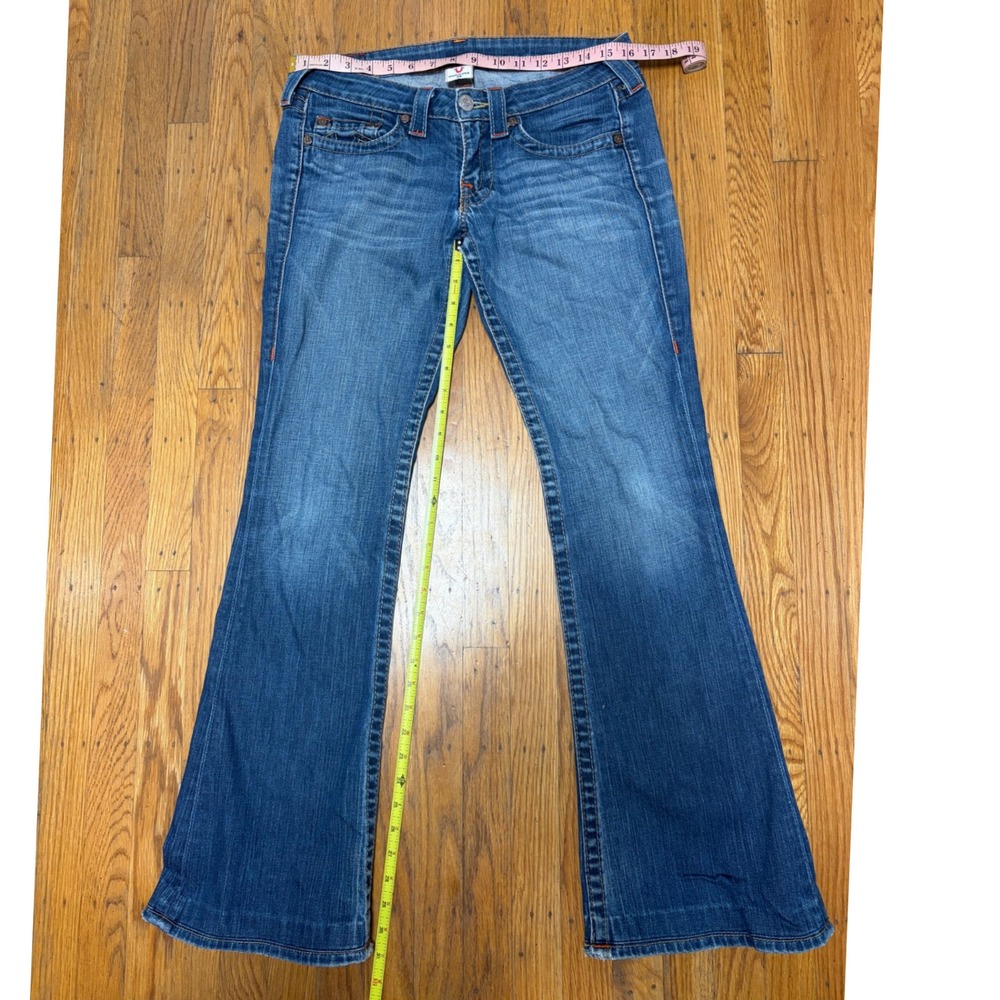 True Religion Women Low Rise Flare Jeans Medium Wash Blue Horseshoe Raw Hem